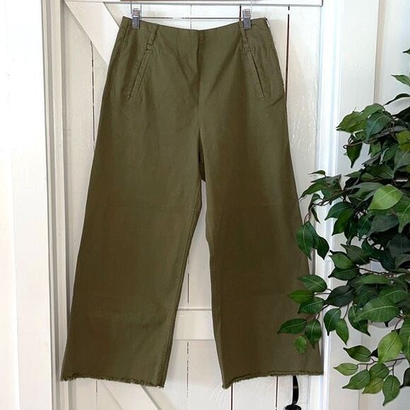 Zara Womens Frayed High Waist Side Zip Wide Leg Pants Olive Green Size 8 - Picture 1 of 8